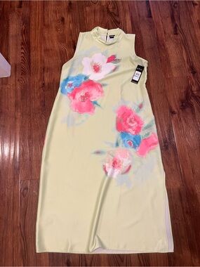 Karl Lagerfeld Sleeveless Satin Midi Dress - Lime Green with Pink & Blue Bloom